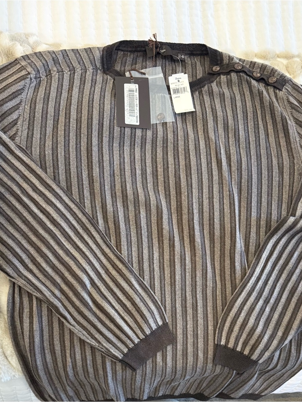 Men's Striped Rib-Knit Crewneck Sweater with Shoulder Buttons - Brown & Gray